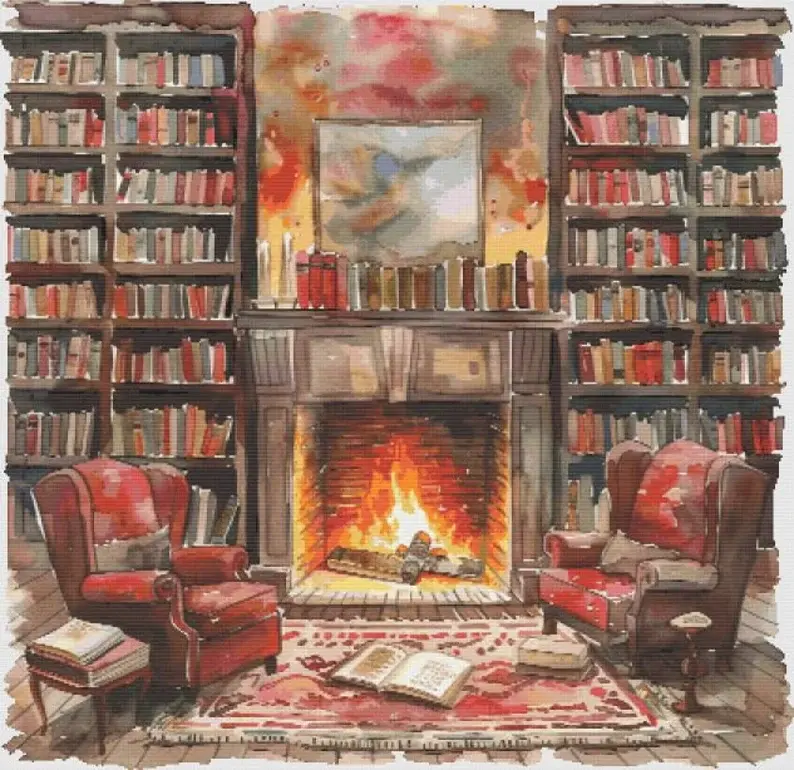 Fireplace Reading Counted Cross Stitch Kit - Books - DM