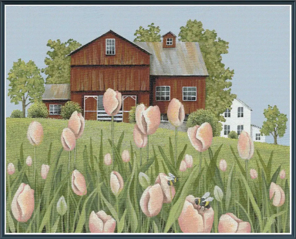 Peach Tulips and Bumblebees Counted Cross Stitch Kit