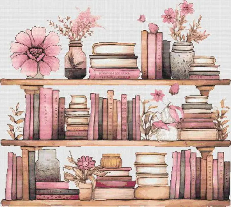 Cute Pink Bookshelf Counted Cross Stitch Kit - Books - DM