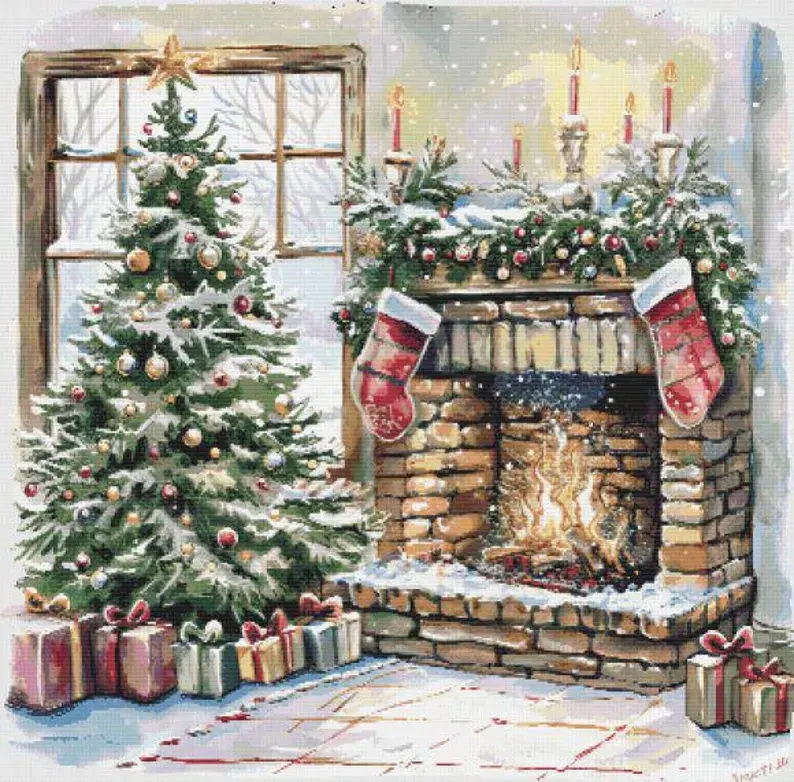 Christmas By The Fireplace Counted Cross Stitch Kit - Christmas - DM
