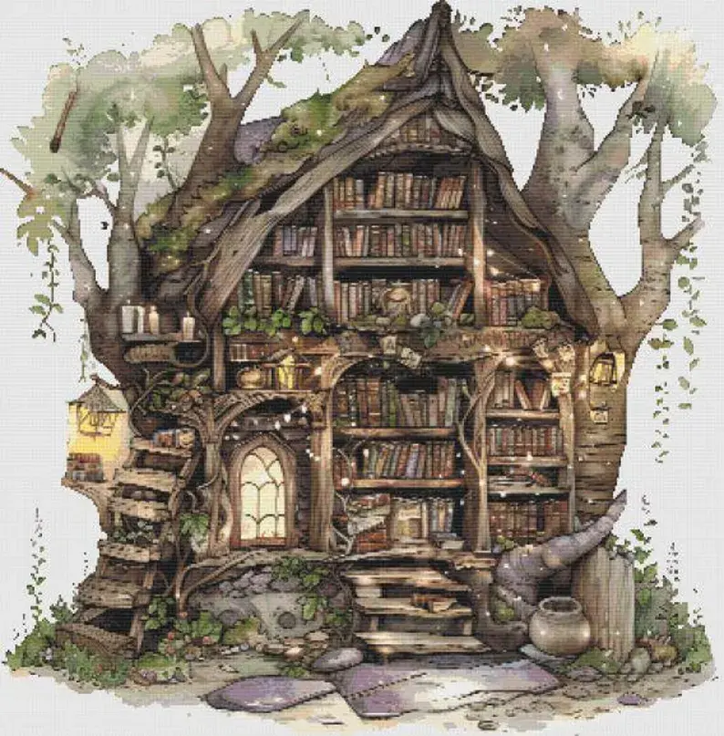 Tree Trunk Library Counted Cross Stitch Kit - Books - DM
