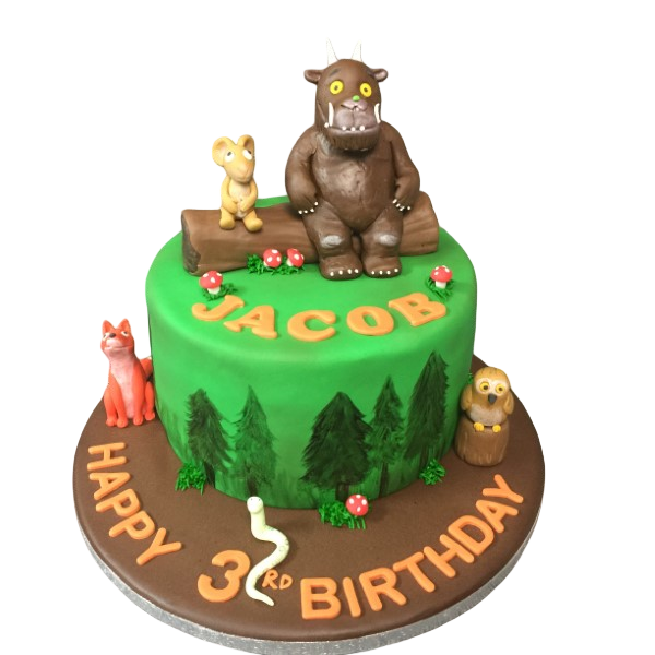 Delightful cake inspired by popular children's book character, the Gruffalo. Perfect for themed parties and celebrations. Hand-crafted with intricate detailing.