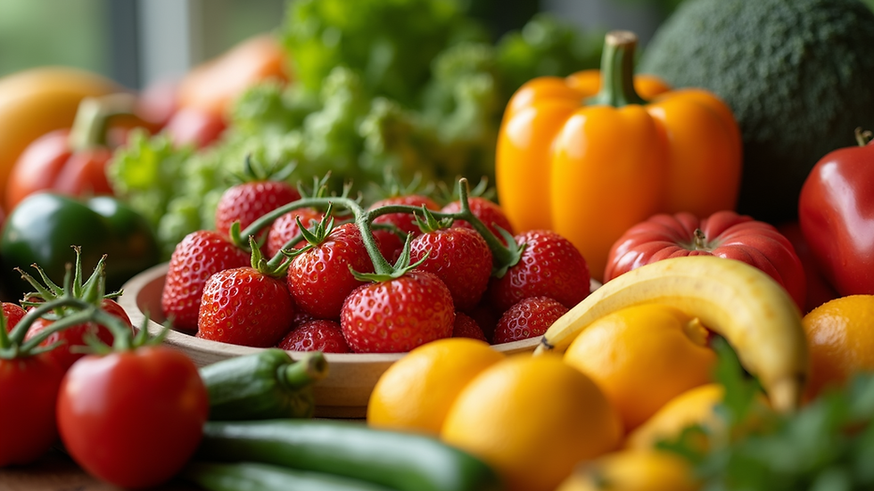 Close-up view of an assortment of fresh fruits and vegetables