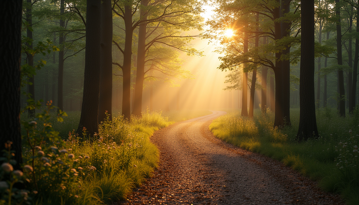 Eye-level view of a winding path through a forest in early morning light