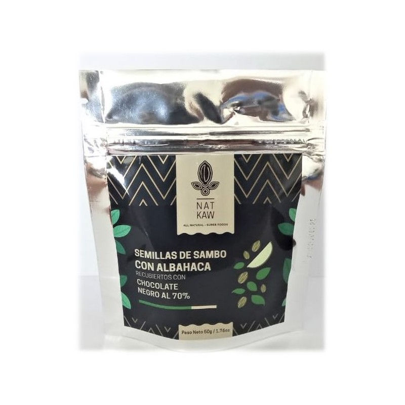 Semillas de zapallo con albahaca cubiertas de chocolate 50 gramos