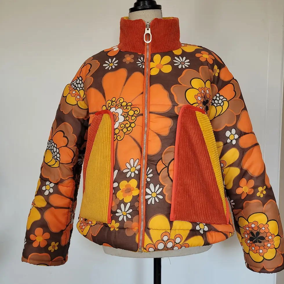 Miniature : Veste doudoune upcyclée - fleurs orange jaune Adoptée !
