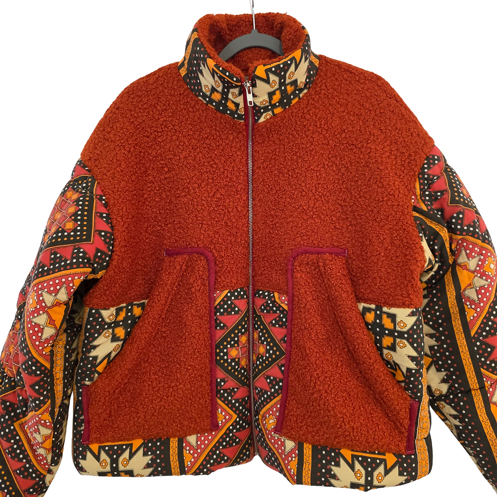 Veste doudoune upcyclée - sac de couchage - azteque - vue de face