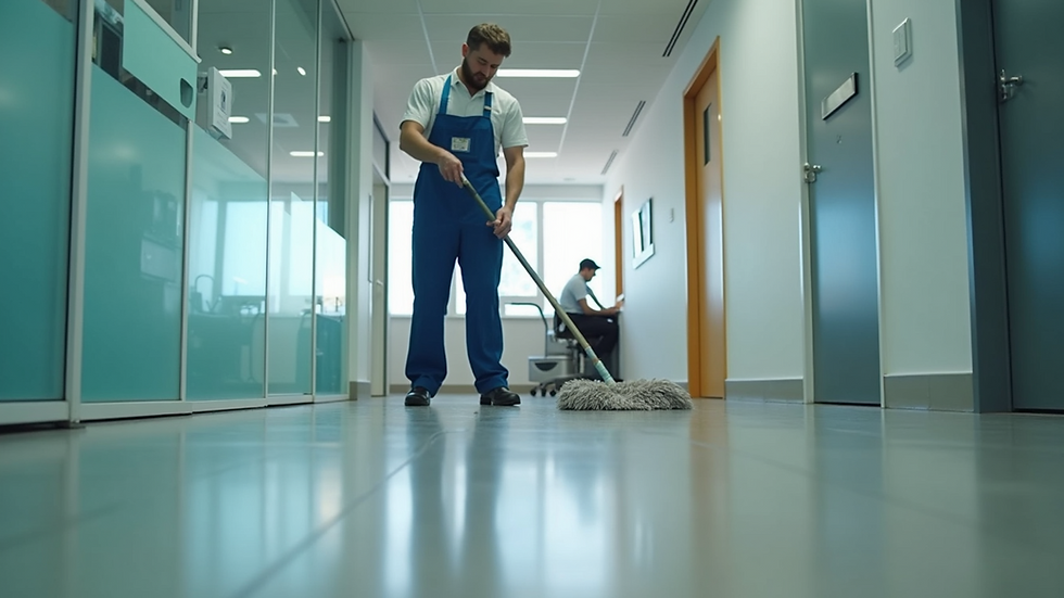 Eye-level view of a janitor cleaning a modern office floor with a mop