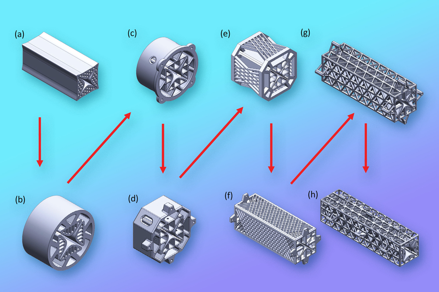 Because additive manufacturing allows the researchers to easily try new designs, they created a number of different quadrupole filters before arriving at the final iteration (h), which is surrounded by a series of triangular lattices to provide durability. @ MIT