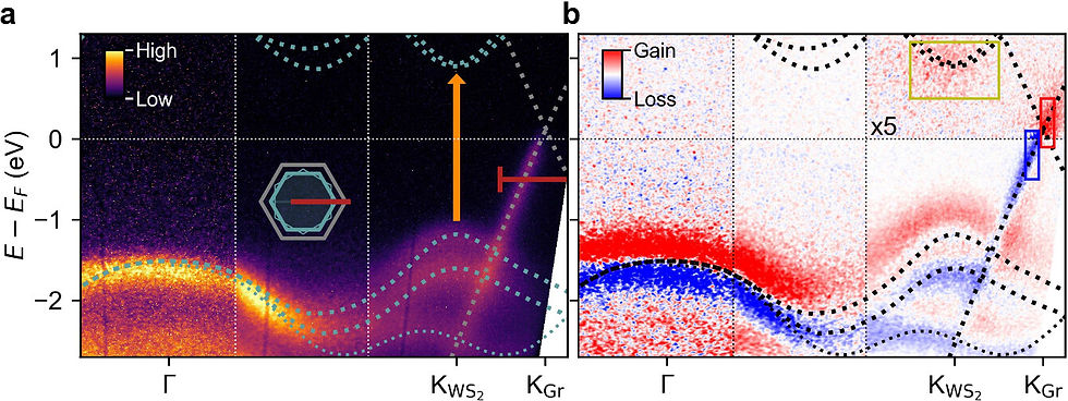 Figure 1. trARPES data of the WS2-graphene heterostructure. (a) ARPES spectrum measured at negative pump–probe delay before the arrival of the pump pulse along the ΓK direction as indicated by the red line in the inset. The orange vertical arrow illustrates the excitation resonant to the A-exciton at ℏωpump = 2.0 eV. Gray and green dashed lines indicate the theory band structures for graphene (18) and WS2, (17) respectively, that were shifted in energy to match the observed band alignment. The thin dashed green line marks the band structure of WS2 flakes with 30° rotation relative to the graphene layer. The horizontal red line covers the k range over which EDCs in Figure 3b are extracted. (b) Pump-induced changes 250 fs after excitation at ℏωpump = 2.0 eV with a fluence of 1.5 mJ cm2. Red and blue indicate a gain and loss of photocurrent with respect to negative pump–probe delays, respectively. The upper right panel is multiplied with a factor of 5 for better visibility. Colored boxes indicate the area of integration for the pump–probe traces in Figure 3a. @ Nano Lett. 2025, 25, 3, 1214-1219