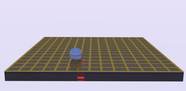 Schematic of the co-planar light-actuated optoelectrowetting microfluidic device that features an integrated metal mesh grid. A droplet on the device surface is actuated and moved around the two-dimensional plane under the influence of an incident optical pattern. @ Jodi Loo et al. doi: 10.1117/1.JOM.1.3.034001.