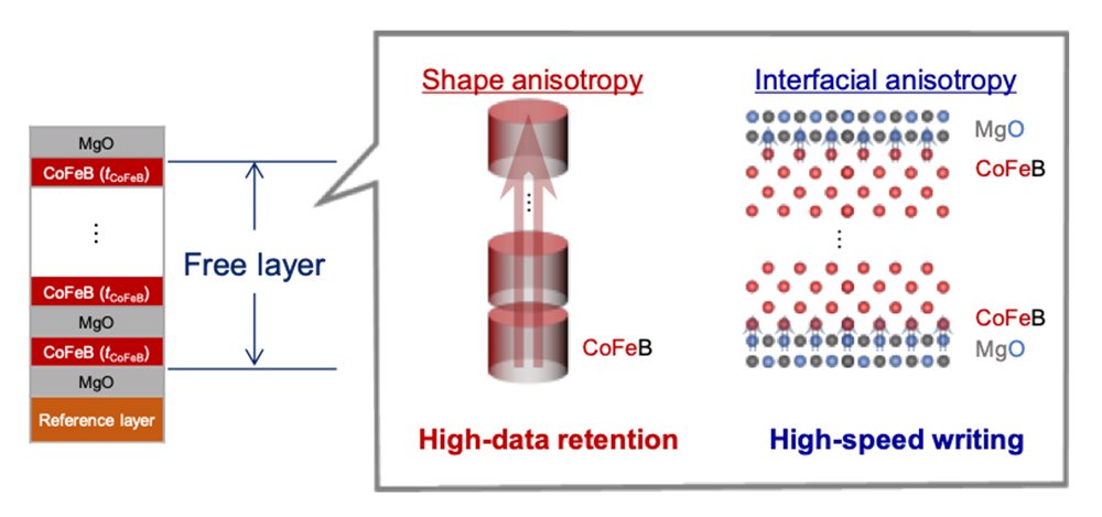 A film stack of the developed MTJ with the multilayered ferromagnetic structure. Shape anisotropy is enhanced by increasing the thickness of CoFeB and decreasing the number of CoFeB/MgO layers. Interfacial anisotropy is enhanced by increasing the number of CoFeB/MgO layers. @ Junta Igarashi, Butsurin Jinnai, and Shunsuke Fukami