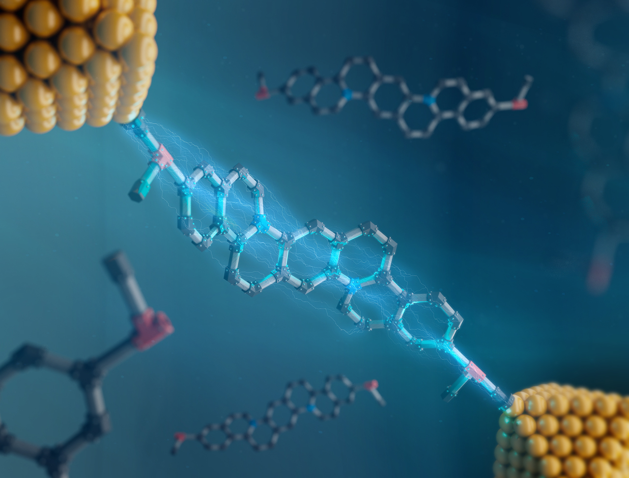 Artistic representation of a ladder molecule acting as a component in molecular electronics. @ University of Illinois Urbana-Champaign