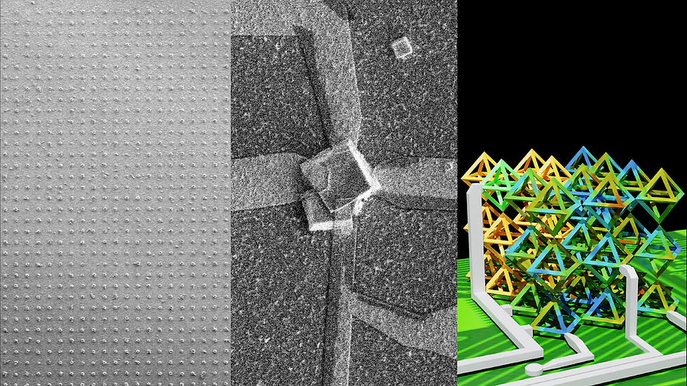 Chip-integrated 3D nanostructured device fabricated using DNA self-assembly (Left panel). A DNA crystal is grown at a designated substrate location (about 1000 crystals on 5μm pads are shown on a Right panel), then mineralized to silica and volumetrically templated with a semiconductor material before electrodes are attached (Center panel). The resulting device exhibits an electrical response when exposed to light. Thousands of such 3D devices can be grown in parallel using this bottom-up fabrication approach.