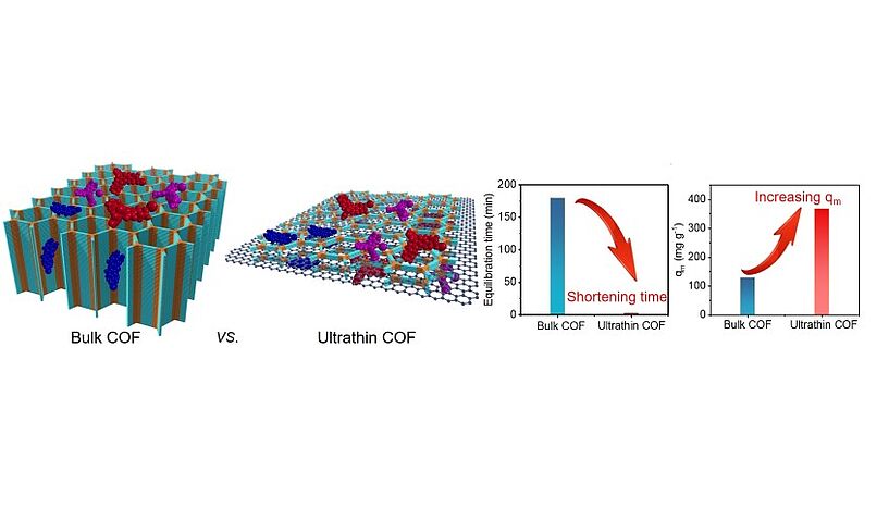 (a) Illustration of the dye adsorption mechanism on bulk COF and ultrathin COF. Bulk COF only allows dyes with a molecular size much smaller than the pore size to enter the COF channels, while ultrathin COF provides maximum adsorption site exposure, resulting in high uptake for various dyes. (b) Comparison of equilibrium times and maximum adsorption capacities (qm) of bulk COF and ultrathin COF for Rhodamine B. @ Changxia Li, Freddy Kleitz et al.