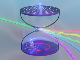 Artistic illustration of Floquet-engineered magnons: Using time as a resource, a static magnetic vortex evolves into a periodically driven state whose gyration generates a magnon frequency comb.