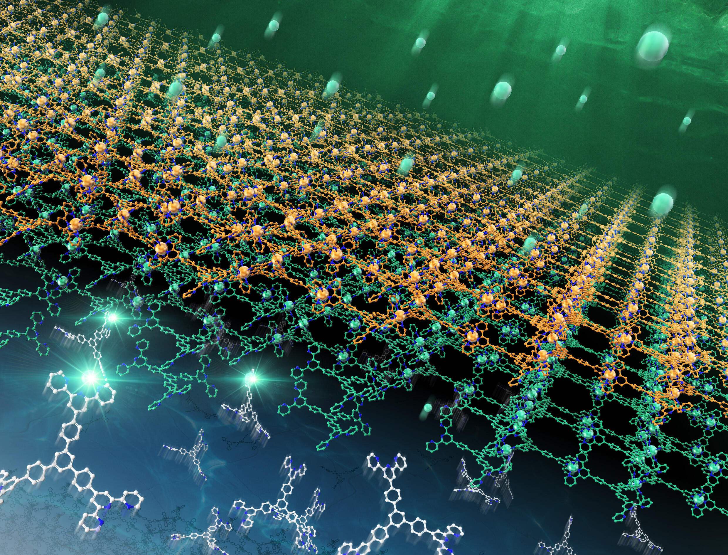This image depicts the formation of the second layer in a heterolayer coordination nanosheet. Cobalt ions pass through the preexisting first layer (composed of iron coordination centers and terpyridine ligands), which has formed at the liquid-liquid interface between water and dichloromethane. They then assemble into coordinated layers by combining with terpyridine ligands. @ Hiroshi Nishihara from Tokyo University of Science