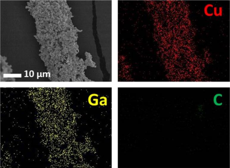 Elemental mapping of LMCu fabric. Scanning electron microscopy (SEM) image of single fabric and electron dispersive spectroscopy (EDS) (Cu (red), Ga (yellow) and C (green)).
