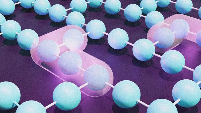 An illustration of a quantum system that was simulated by both classical and quantum computers. The highlighted sections show how the influence of the system’s components is confined to nearby neighbors. @ Lucy Reading-Ikkanda/Simons Foundation