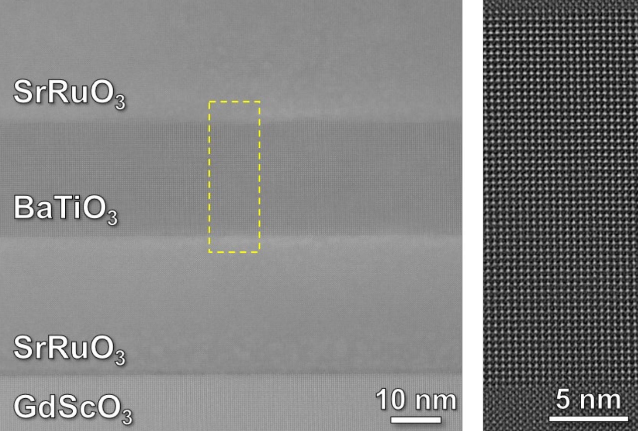 Electron microscope images show the precise atom-by-atom structure of a barium titanate (BaTiO3) thin film sandwiched between layers of strontium ruthenate (SrRuO3) metal to make a tiny capacitor. @ Lane Martin/Berkeley Lab