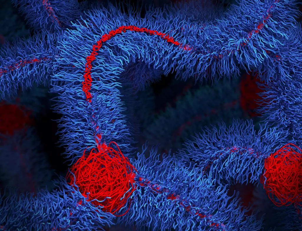An artistic rendering of a network formed by crosslinking foldable bottlebrush polymers, which feature a collapsed backbone grafted with many flexible linear side chains. @ Soft Biomatter Lab, University of Virginia School of Engineering and Applied Science