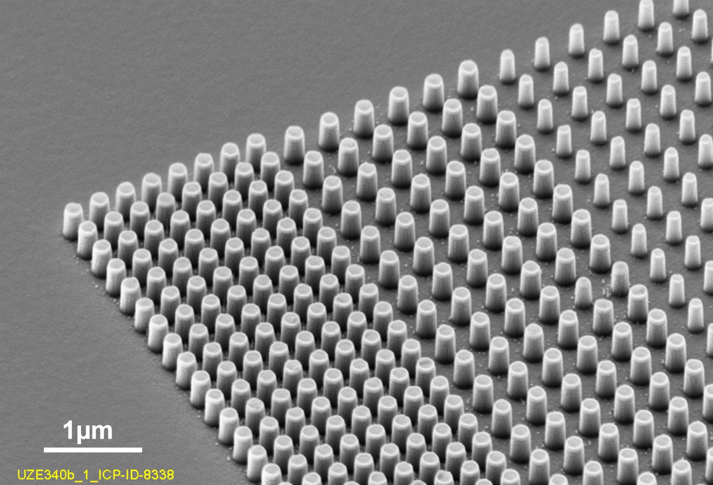 Electron beam microscope image of the metagrid. The optical function is defined by nanoresonators. The unit cell of the grating consists of a lateral sequence of tailored nanoresonators. @ Fraunhofer IOF