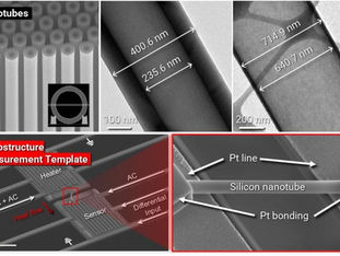(Top) Silicon Nanotube Structures, (Bottom) Template for Measuring Heat Transfer Characteristics of Nanostructures.
