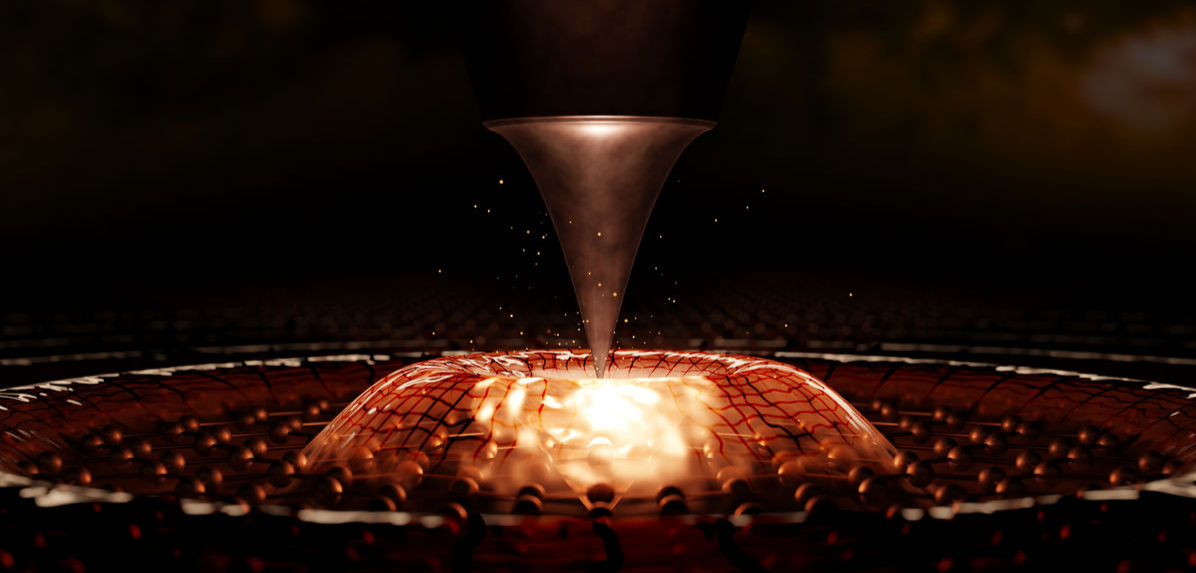 Artistic representation of a surface plasmon polariton wave (golden surface wave) generated beneath a sharp metal tip on an atomically thin graphene layer (hexagonal ball-and-stick model). @ Simon Anglhuber
