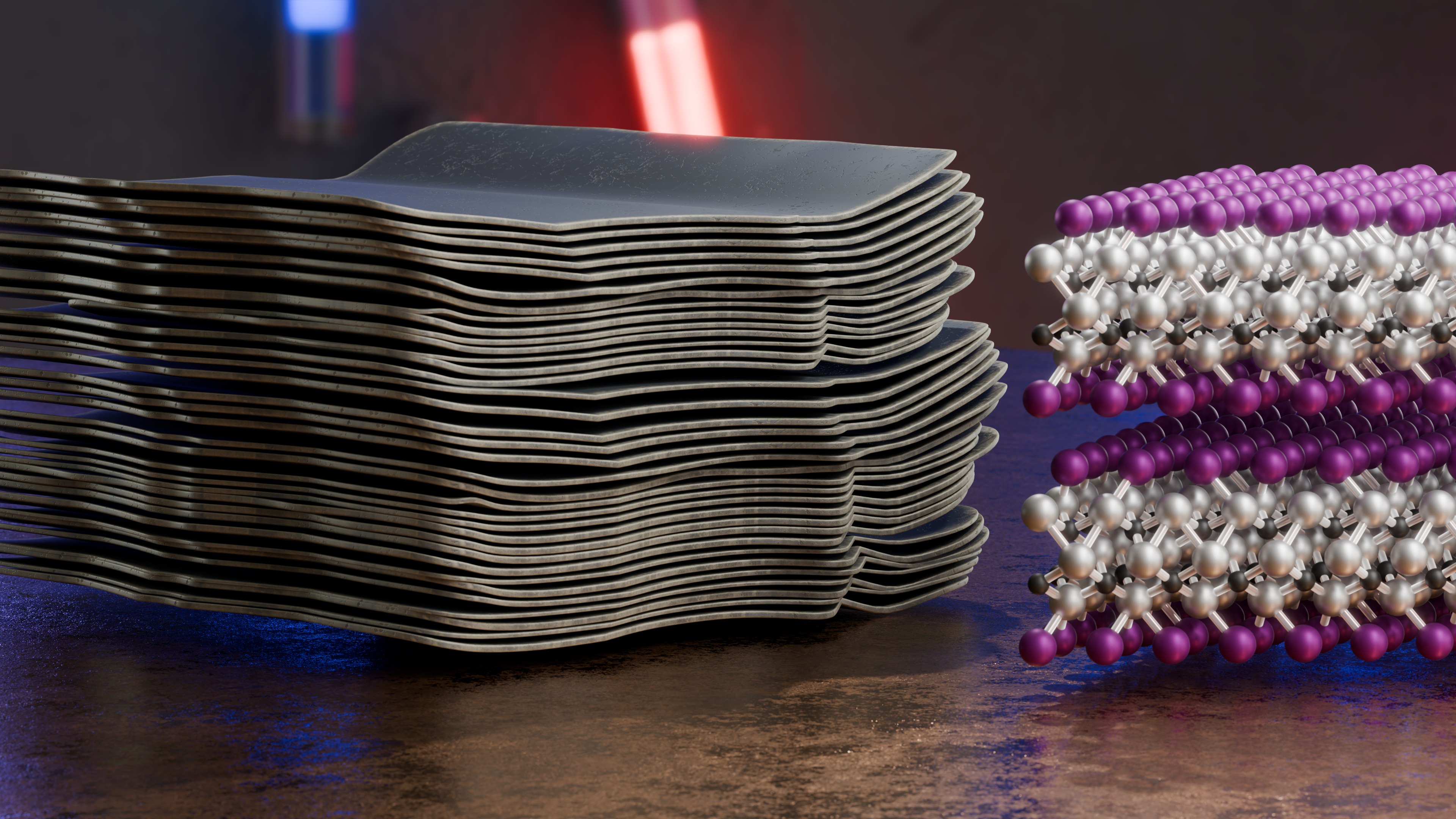 The image combines a model derived from a scanning electron microscopy image (left) with a snippet of the underlying crystal structure of a studied MXene featuring precisely controlled surface terminations. @ B. Schröder/HZDR