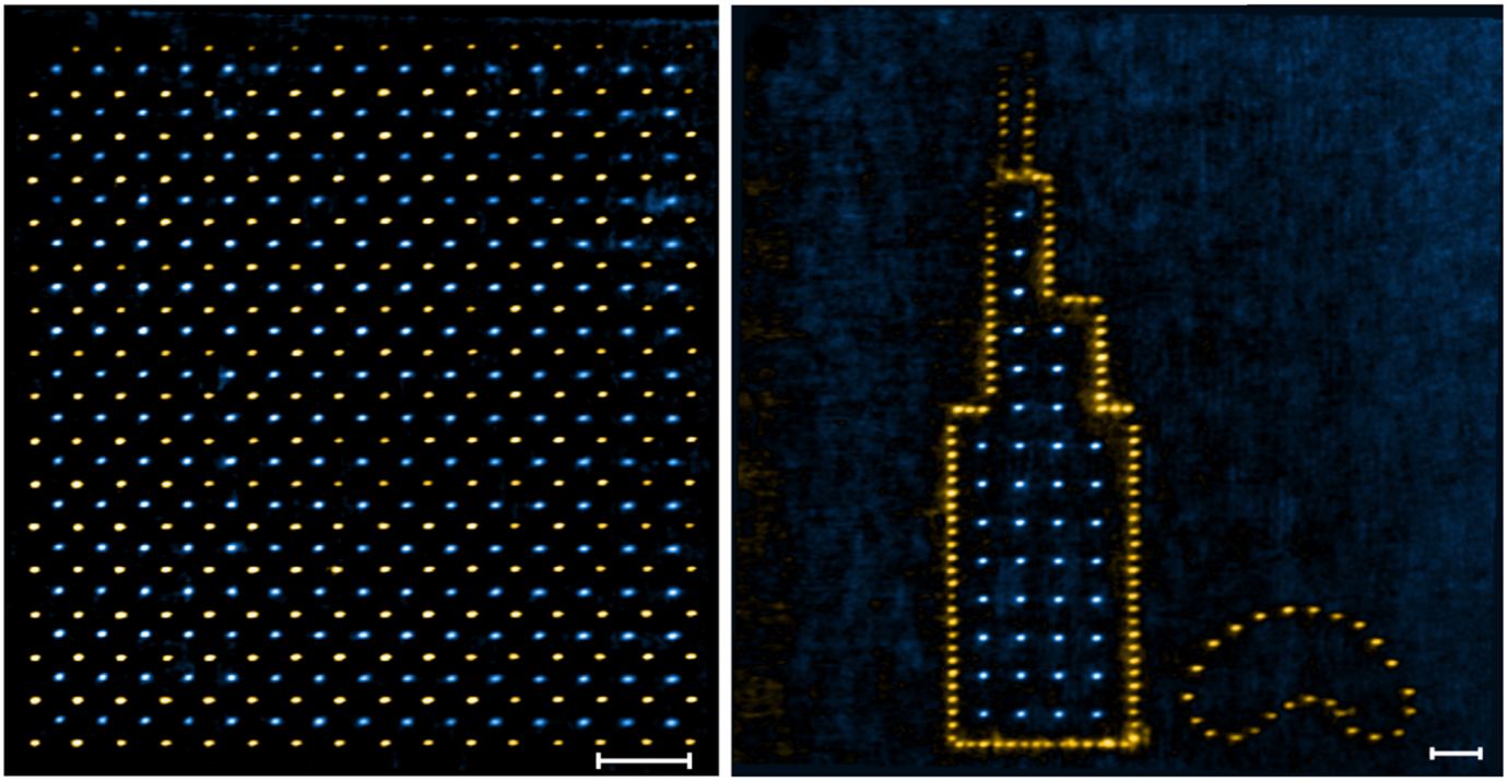 Left: A hybrid array of cesium atoms (yellow) and rubidium atoms (blue). Right: The customizability of the researchers’ technique enables them to place the atoms anywhere, allowing them to create this image of Chicago landmarks Willis Tower and the Cloud Gate. The scale bar in both images is 10 micrometers. @ Bernien Lab