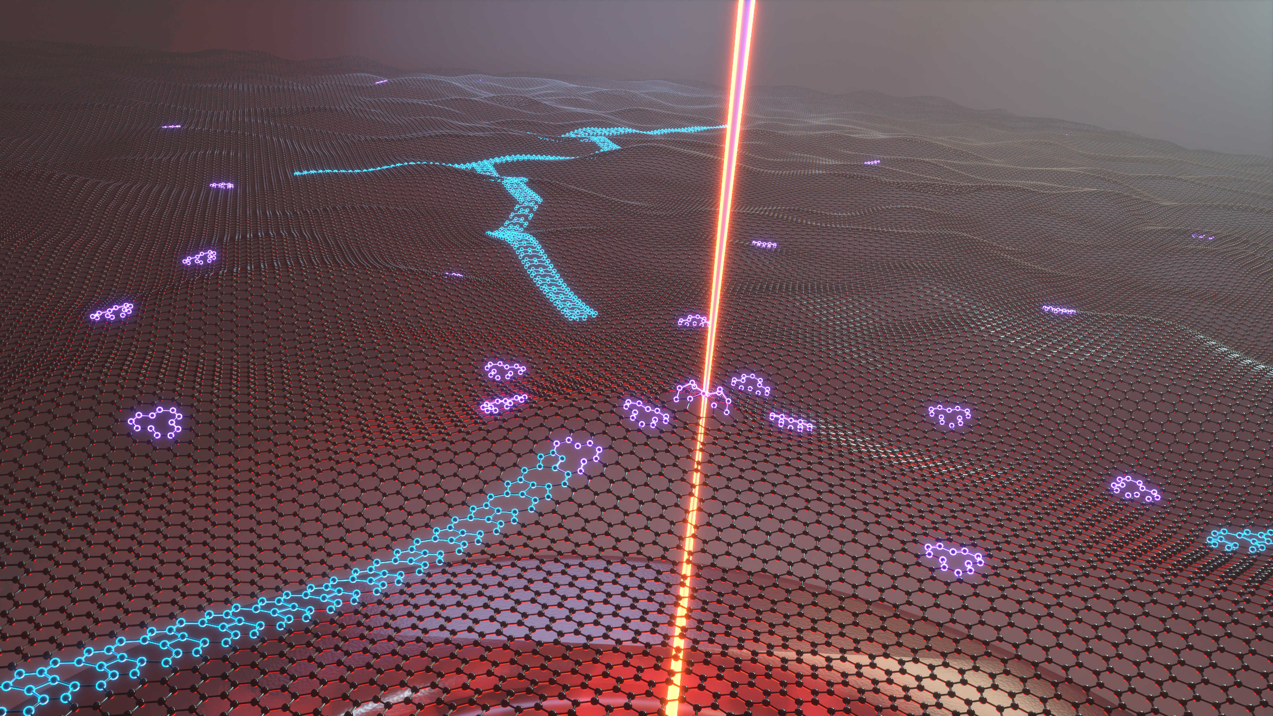 When an electron beam drills holes in heated graphene, single-atom vacancies, shown in purple, diffuse until they join with other vacancies to form stationary structures and chains, shown in blue. @ Ondrej Dyck/ORNL, U.S. Dept. of Energy