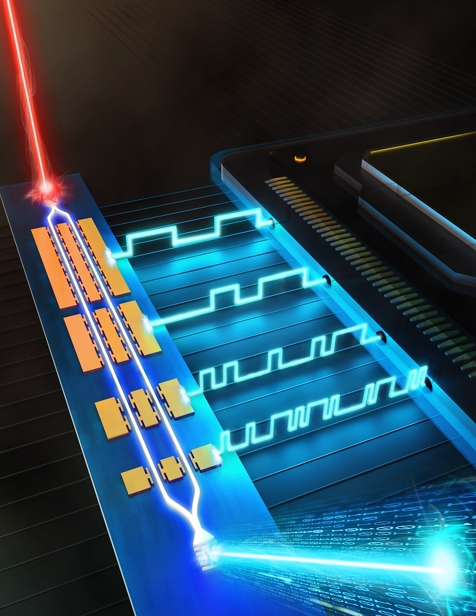 An artist’s illustration of the electro-optic digital-to-analog converter, depicting high-speed information transfer between electronics and optics.