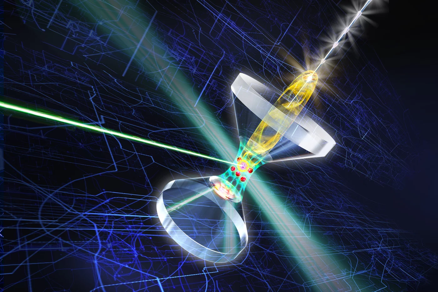 Visualisation of rubidium atoms trapped in the optical resonator and addressed individually using a highly focussed laser beam. This allows the researchers to entangle the trapped atoms with individual photons. @ Max Planck Institute of Quantum Optics