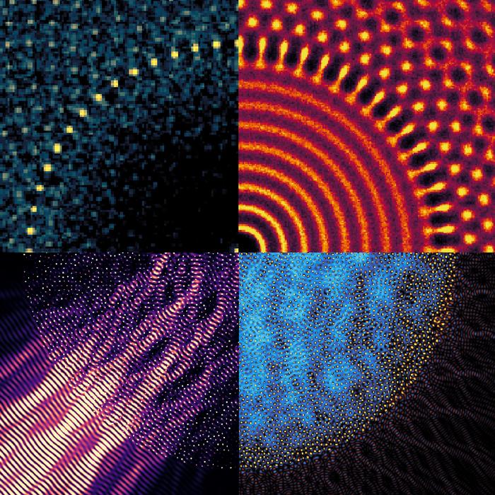Illustration of a 60-fold gyromorph's properties. Top row: Structure of the gyromorph. Left: Structure factor. Right: Pair correlation function. Bottom row: Optical properties. Left: Polarized light beam fully reflected by a gyromorph. Right: Density of states depletion in the gyromorph. @ The Martiniani lab at NYU