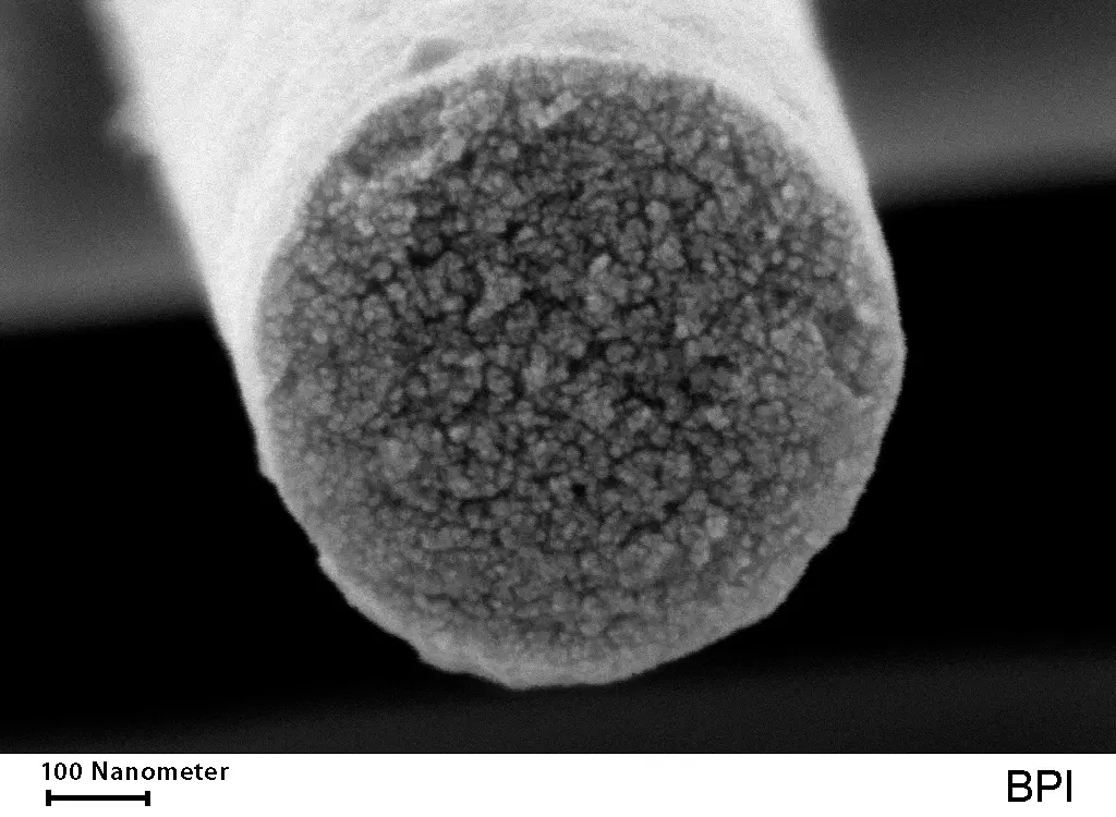 Scanning electron image of a cross-section of a fiber containing a matrix of carbon in which nano-sized ceramic phases are distributed. @ UBT