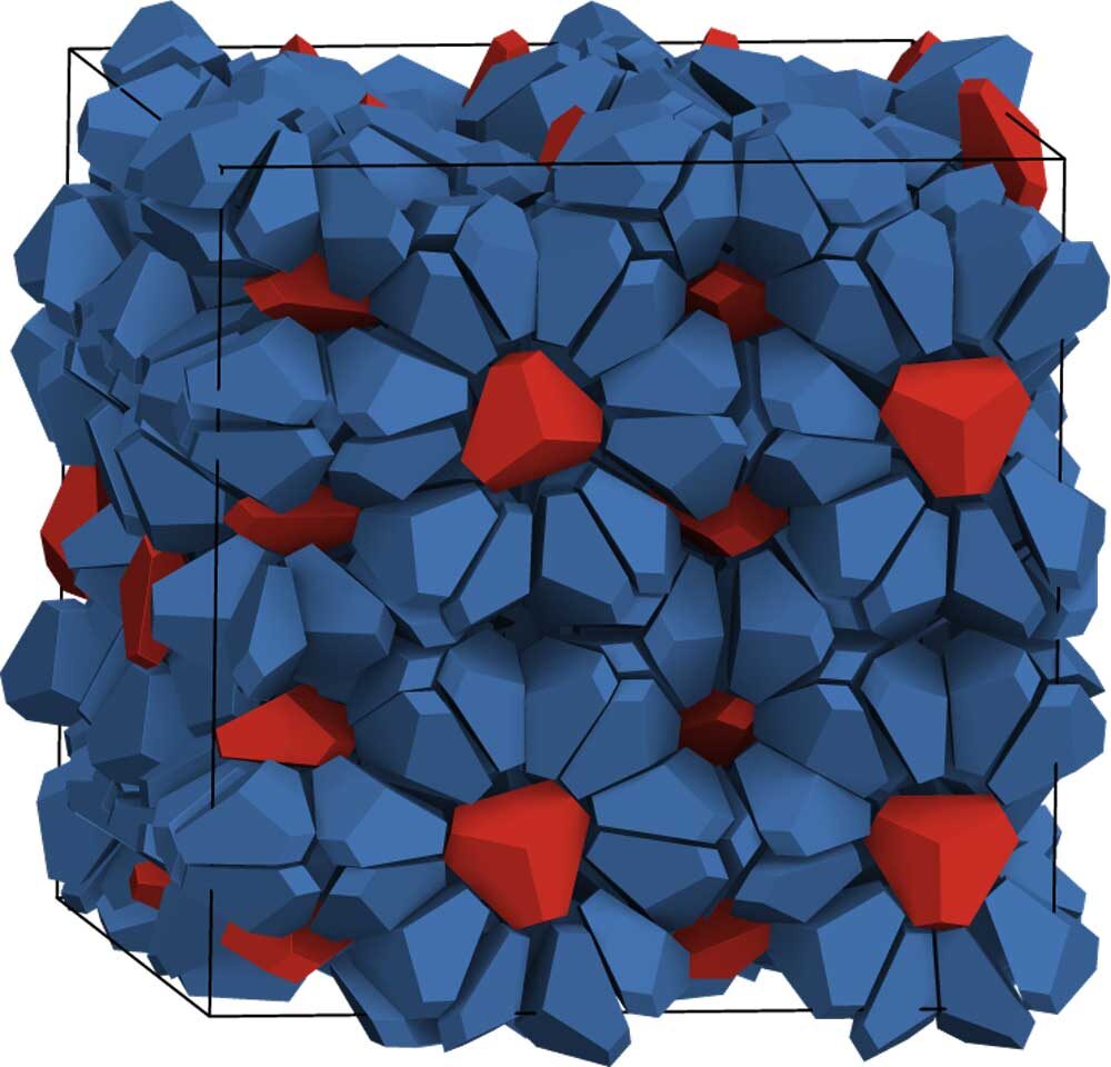 A 3D view of the structure shows the blue bipyramids forming cages around the red guest particles. @ Sangmin Lee, Glotzer Group