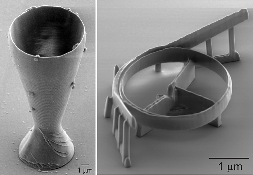 The world’s smallest 3D-printed wineglass (left) and an optical resonator for fiber optic telecommunications, photographed with scanning electron microscopy at KTH Royal Institute of Technology. The rim of the glass is smaller than the width of a human hair. @ KTH Royal Institute of Technology