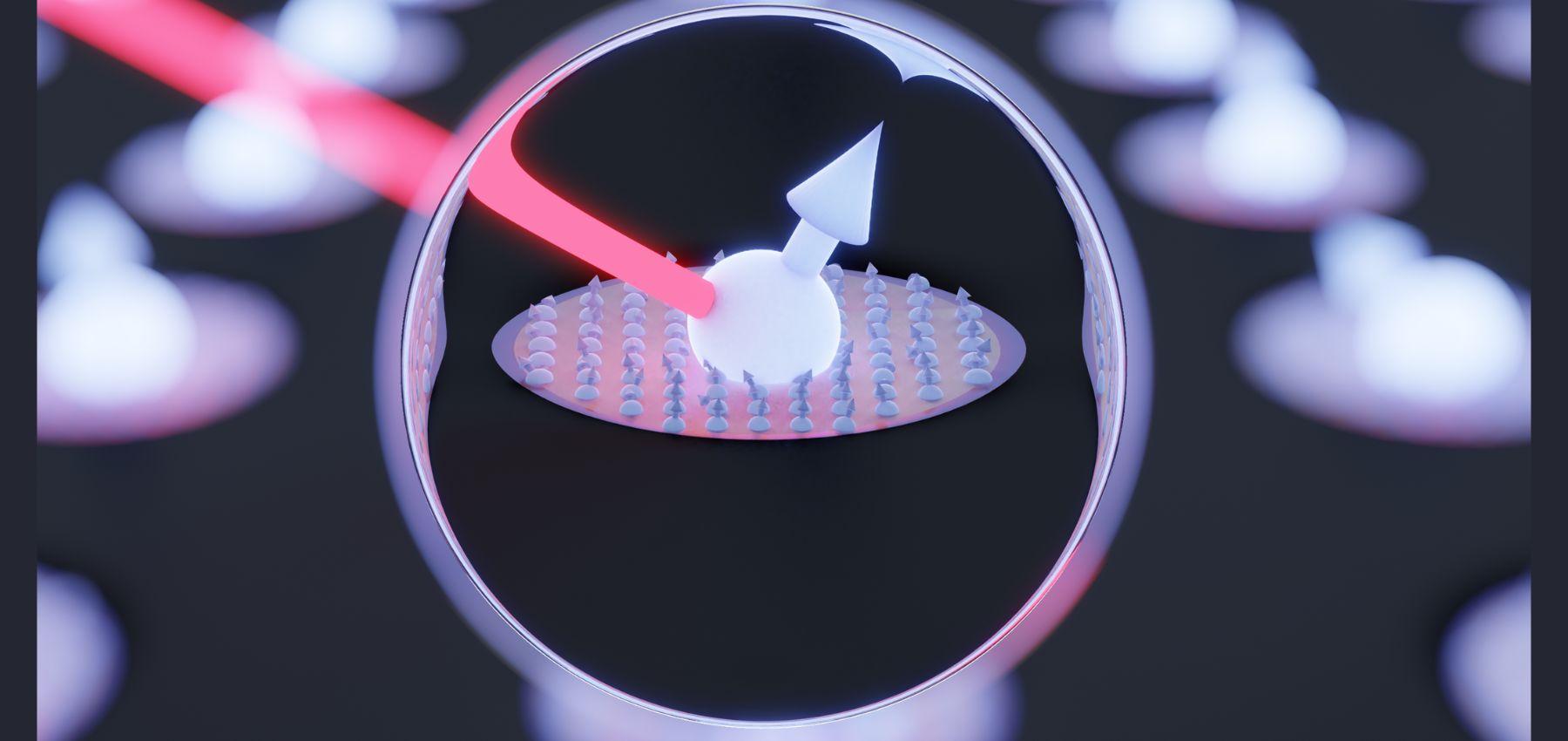 Artist’s impression of an electron spin in a quantum dot, interfaced with light and strongly-coupled nuclear spins (viewed through a lens). @ Leon Zaporski