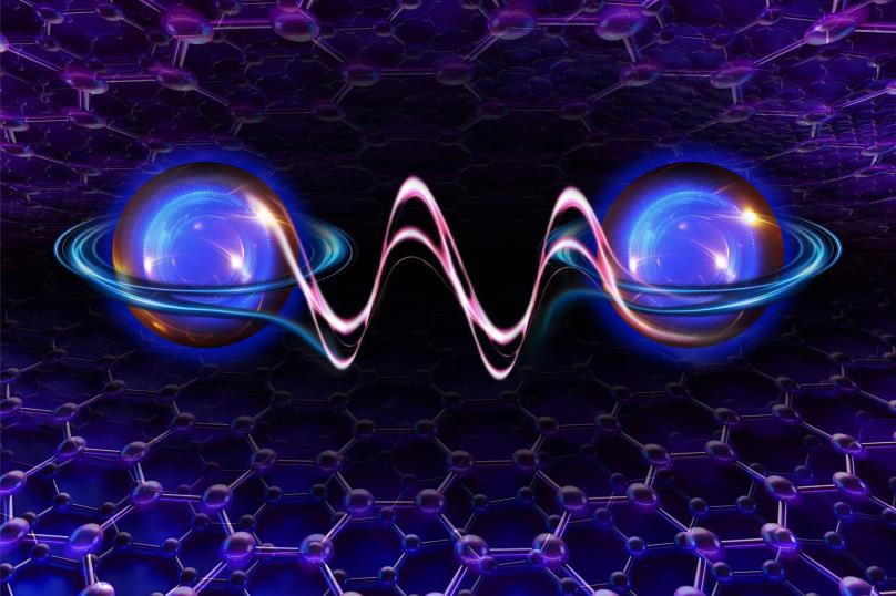 Artist’s rendition of the electron correlation, or ability of electrons to talk with each other, that can occur in a special kind of graphite (pencil lead). @ Sampson Wilcox, MIT Research Laboratory of Electronics