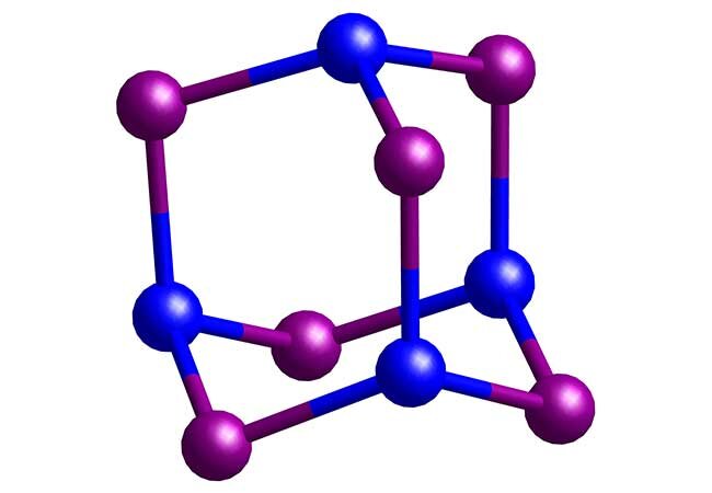 Building block for silicon-germanium alloys: A section of the silicon-germanium adamantane synthesised in Frankfurt (shown here without substituents). Blue: silicon, magenta: germanium. @ Goethe University Frankfurt