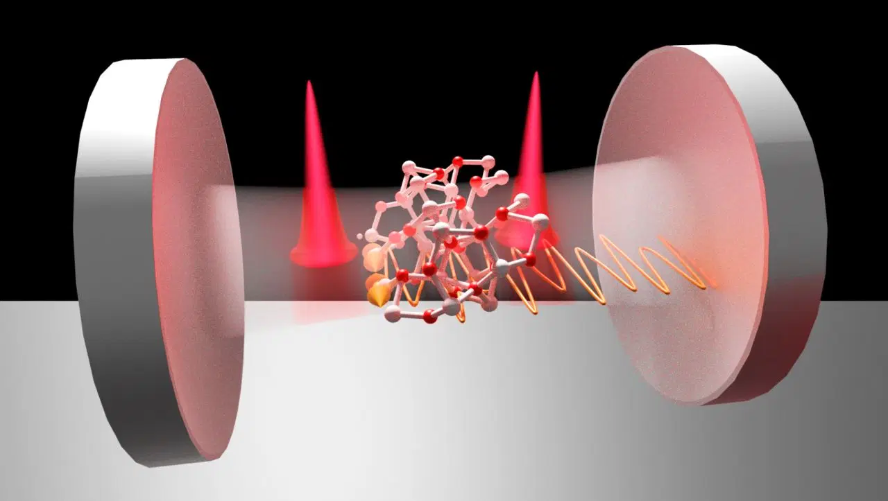 Coupling of two ultrashort solitons traveling between the mirrors of a laser resonator: The first flash of light excites the atoms of the laser crystal to oscillate, the following flash is influenced by it and kept at a stable distance. @ Georg Herink.