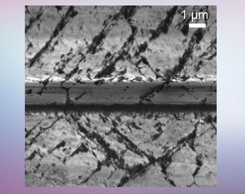 Scanning electron microscopy image of the epilayer (from the top), damaged substrate, graphitic layer and substrate. @ Zhang lab/Rice University