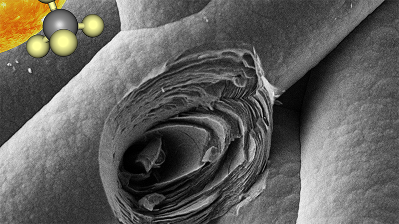 Close-up of microporous graphitic layers produced as a result of direct solar power that converts methane into hydrogen fuel and high-quality graphite. @ Mostafa Abuseada and Chuyu Wei/UCLA