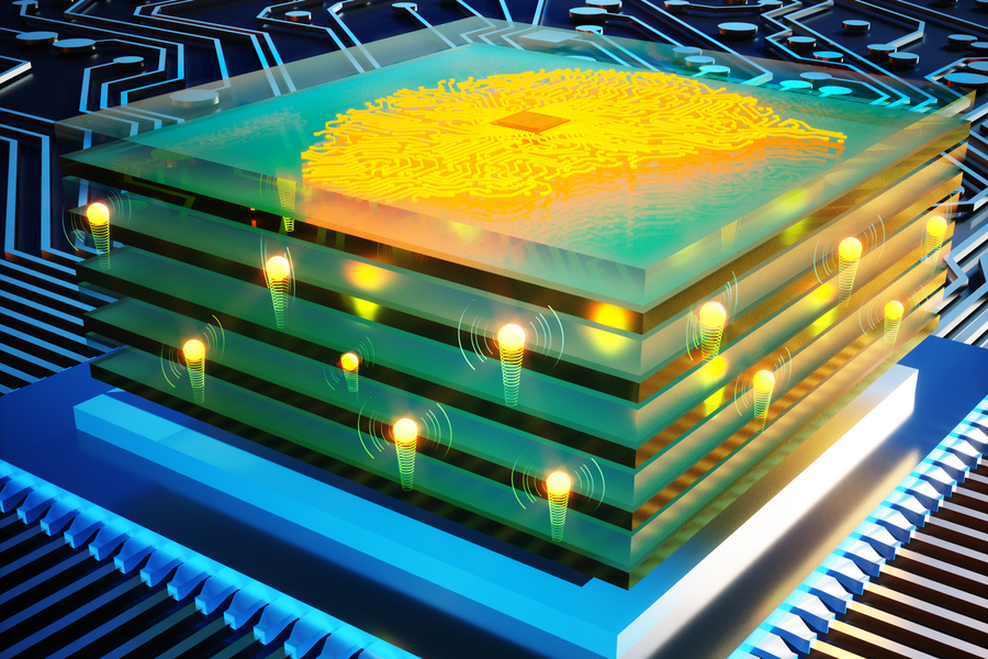 This illustration shows an analog deep learning processor powered by ultra-fast protonics. @ Ella Maru Studio, Murat Onen