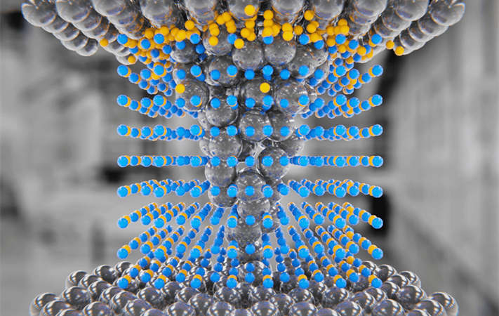 Three-dimensional schematic of a memristor made of multilayer hexagonal boron nitride. @ Mario Lanza / KAUST