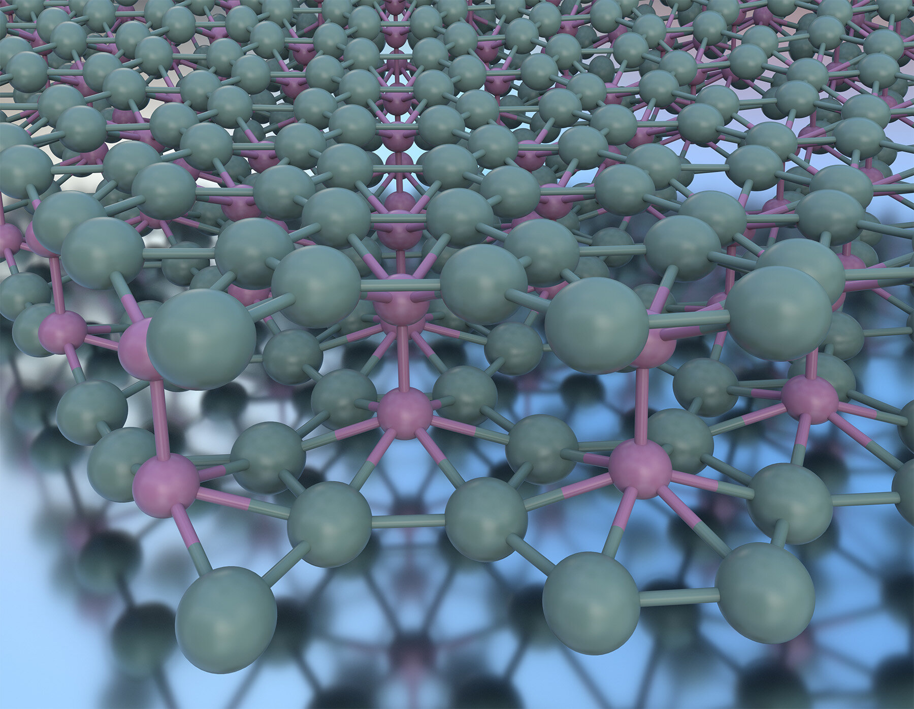 Illustration depicts the atomic structure of double-layer borophene. In this image, all atoms are boron, with the pink boron atoms specifically involved in bonding between the layers. @ Northwestern University