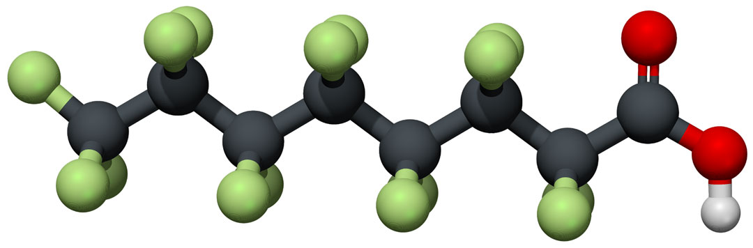 Molecular structure of perfluorooctanoic acid, or PFOA, one of the world’s most prevalent “forever chemical” pollutants. @ Rice University