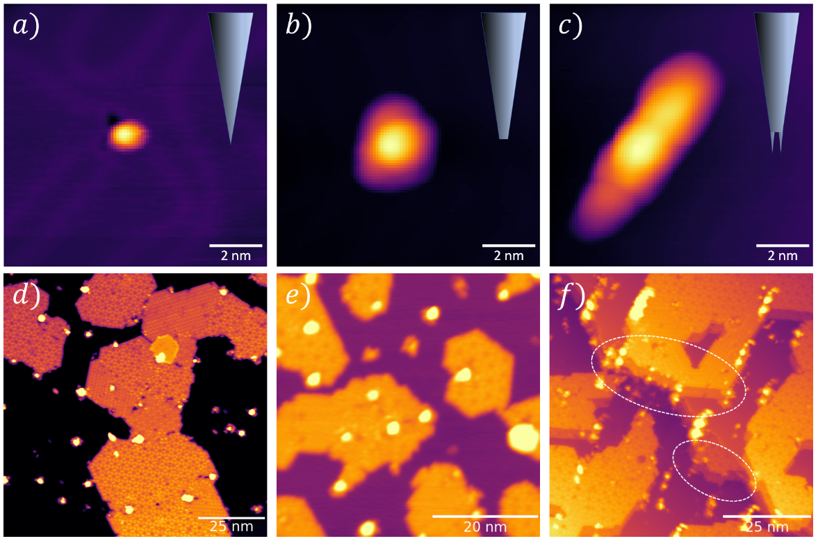 Scanbot uses tip imprints to predict image quality. a-c) Tip imprints created by sharp, blunt, and doubled tips, respectively, on a clean metal surface. The insets in the top right show what the tip might look like at the atomic scale, based on the imprints, which were created with a gentle crash depth of just 0.9 nm. d-f) STM images of a 2D metal-organic framework acquired by tips with the corresponding imprints in a-c). The quality of the STM images reflects the size and geometry of the imprints created by the scanning probe. The white circles in f) highlight regions where ghosted or doubled features can be seen in the image. These features are present because signal is coming from the multiple apexes of the scanning probe simultaneously. @ FLEET