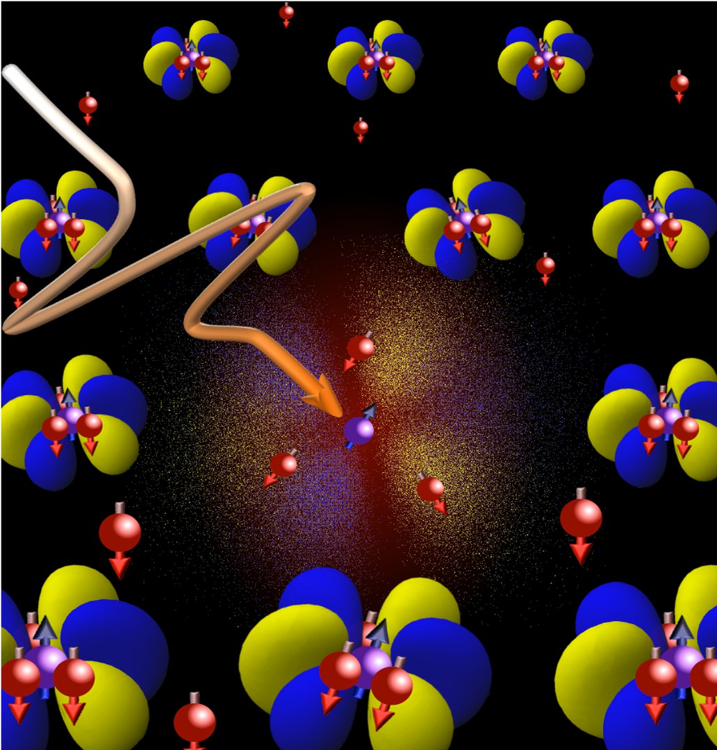 Artist's view of a quasiparticle, - composed of localized and mobile electrons, here broken up by an ultrashort light pulse. @ University of Bonn