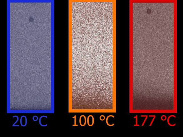 MIT scientists discovered that when metals are deformed at an extreme rate by an object moving at high velocities, hotter temperatures make the metal stronger, not weaker. Here, 3 particles are hitting a metallic surface at about the same velocity. As the initial temperature of the metal is increased, the rebound is faster, and the particle bounces higher because the metal becomes harder not softer, too. @ MIT